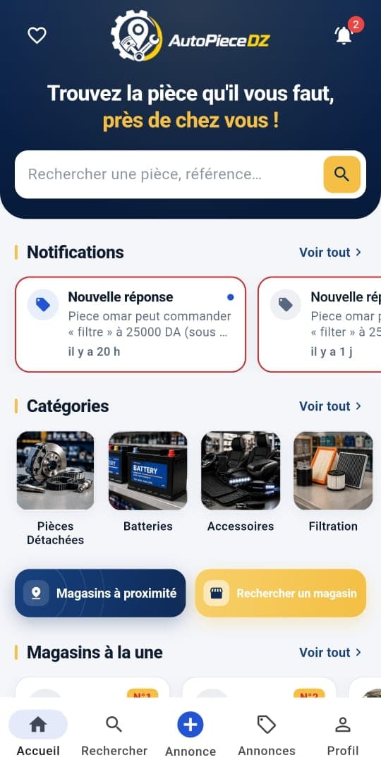 Écran d'accueil de l'application AutoPieceDZ